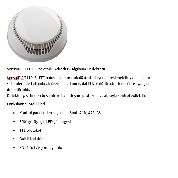 SensoIRIS T110 IS İzolatörlü Adresli Isı Algılama Dedektörü